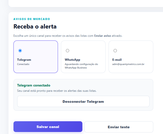 Tela real de configuração de alertas do QuantyMetrics